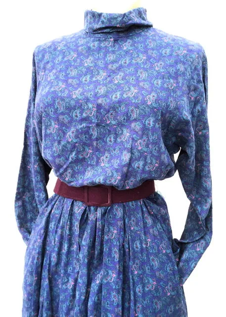 1980s Dereta Purple Paisley Long Sleeve Dress with Pockets