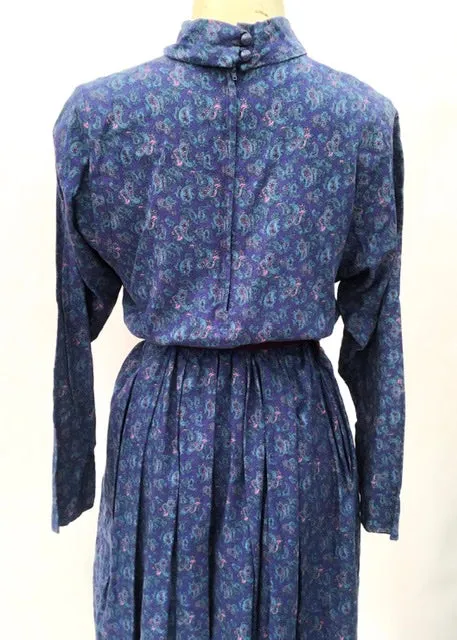 1980s Dereta Purple Paisley Long Sleeve Dress with Pockets