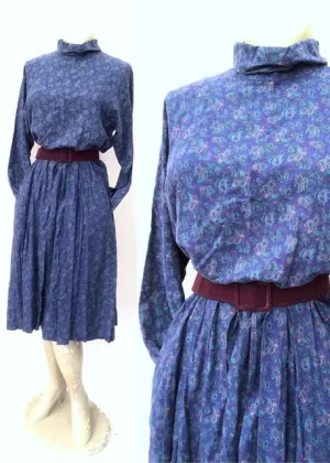 1980s Dereta Purple Paisley Long Sleeve Dress with Pockets