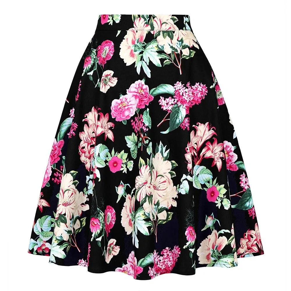 2021 High Waist Women Skirt 50s Rockabilly OL Ladies High Waist A Line Student Party Flare Summer Retro Vintage Skirts Clothes