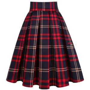 2021 Vintage Pleated Skirt England Style Plaid Print High Waist Womens Retro School Summer Skirt 50s Rockabilly Red Midi Skater