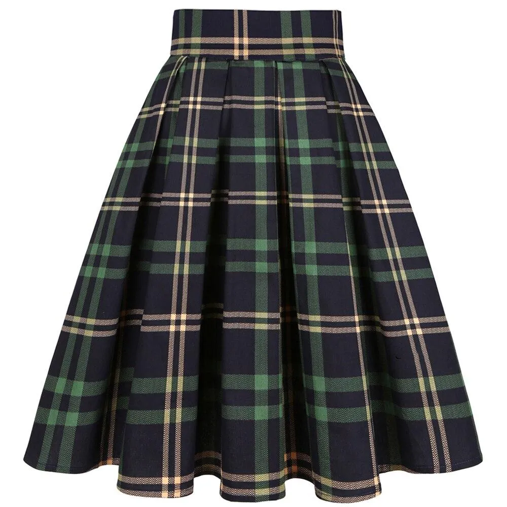 2021 Vintage Pleated Skirt England Style Plaid Print High Waist Womens Retro School Summer Skirt 50s Rockabilly Red Midi Skater