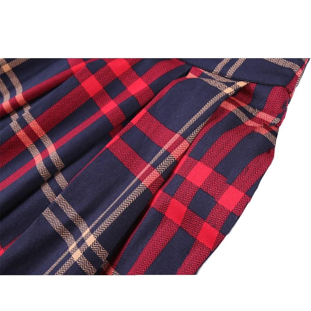 2021 Vintage Pleated Skirt England Style Plaid Print High Waist Womens Retro School Summer Skirt 50s Rockabilly Red Midi Skater