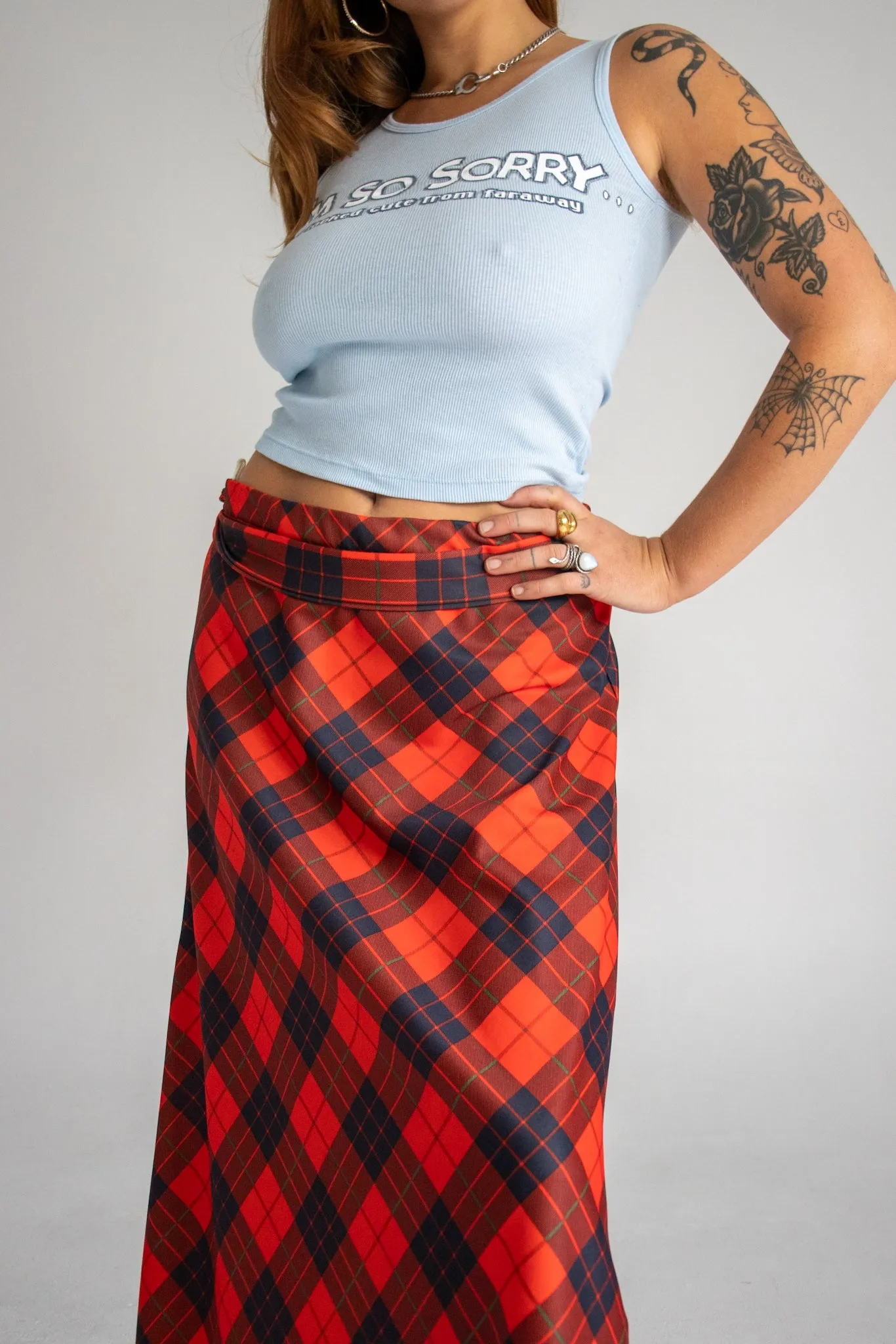 80s Red Tartan Maxi Skirt