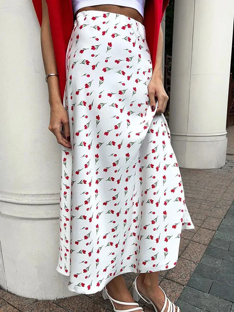 Advbridge -  Cherry Printed Skirt Women 2024 Spring High Waist A-shaped Fish Tail Skirts Elegant Fashion Patchwork Loose Long Skirt New