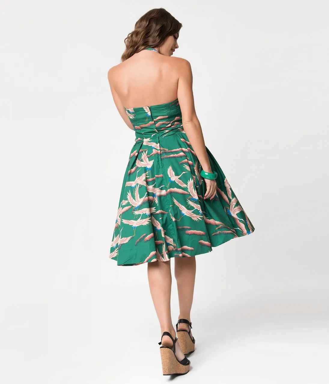 Alfred Shaheen Green Cranes Print Hawaiian Swing Dress