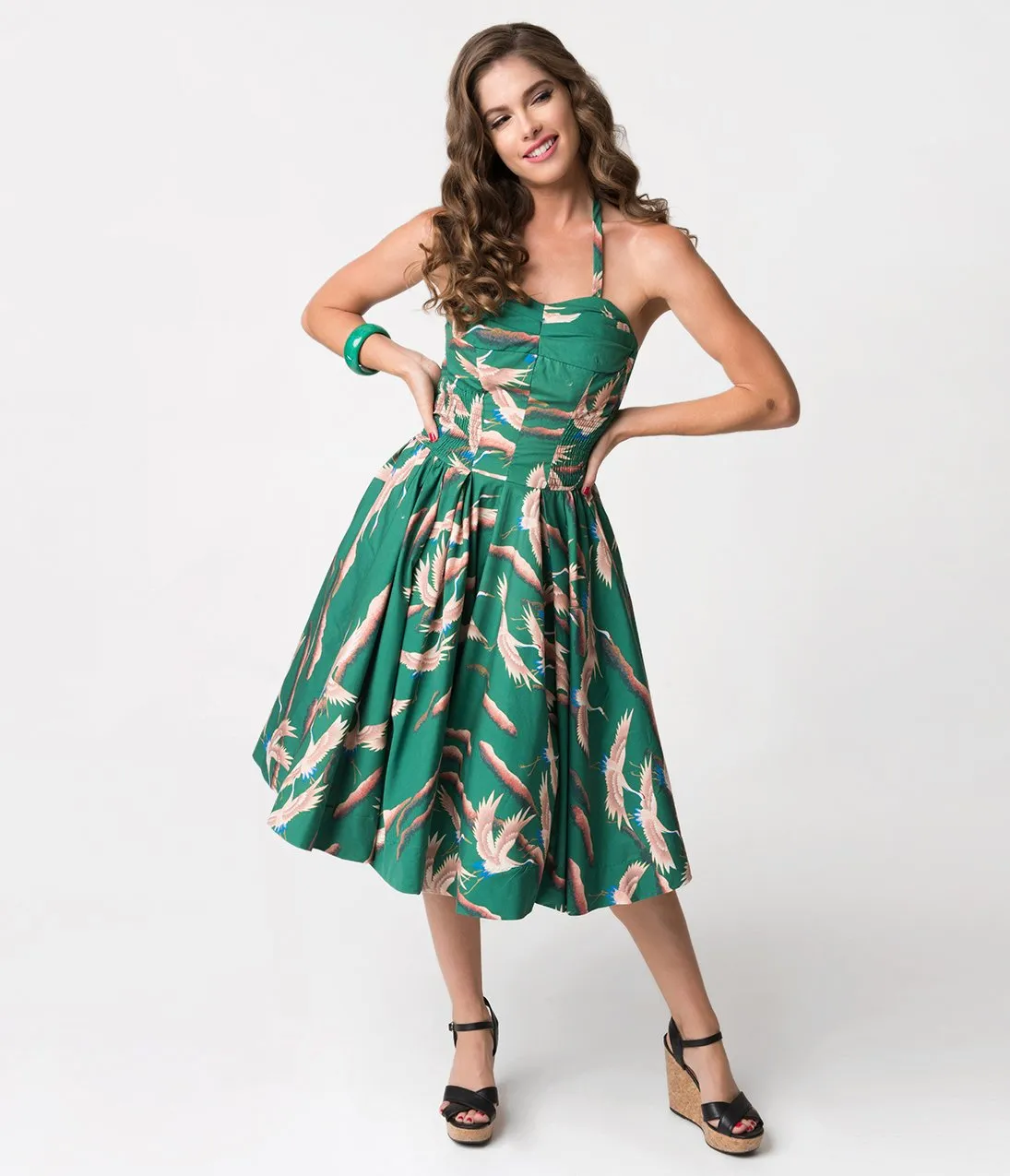 Alfred Shaheen Green Cranes Print Hawaiian Swing Dress