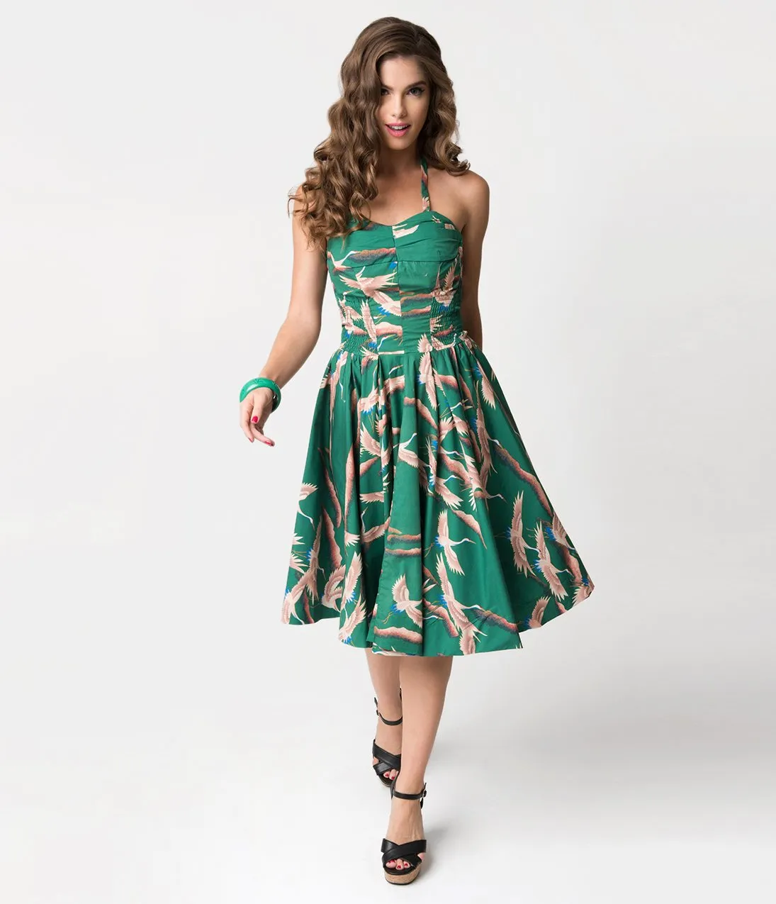 Alfred Shaheen Green Cranes Print Hawaiian Swing Dress