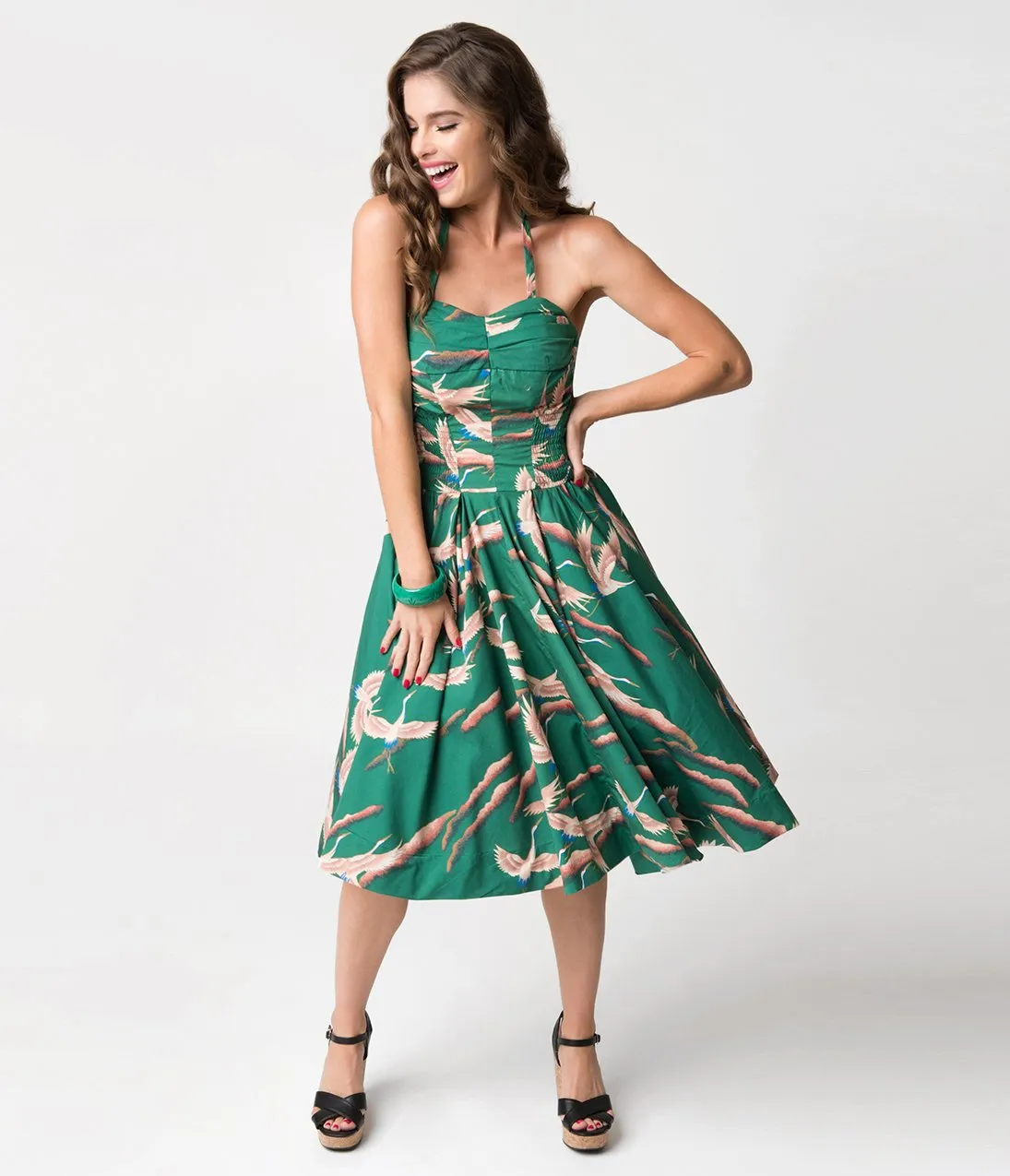 Alfred Shaheen Green Cranes Print Hawaiian Swing Dress