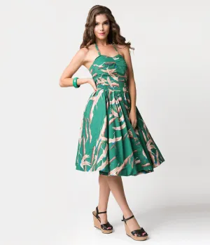 Alfred Shaheen Green Cranes Print Hawaiian Swing Dress