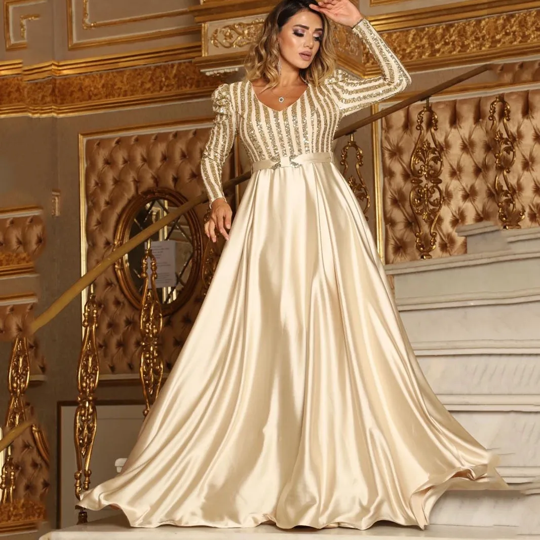 Amozae-   New Fashion Women Lady   Deep V-Neck Sequin Long Sleevefloor Length Bling Big Hem Party Wedding Evening Maxi Dress