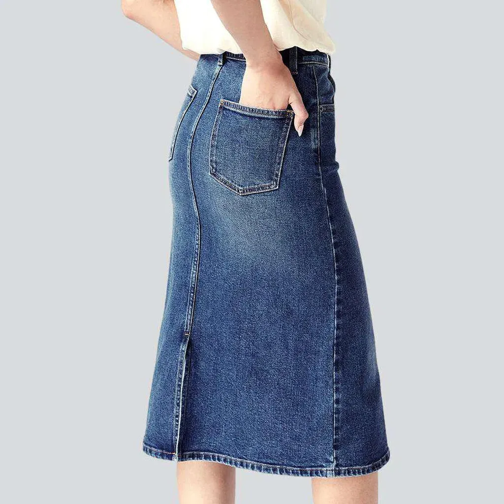 Asymmetric seam midi denim skirt