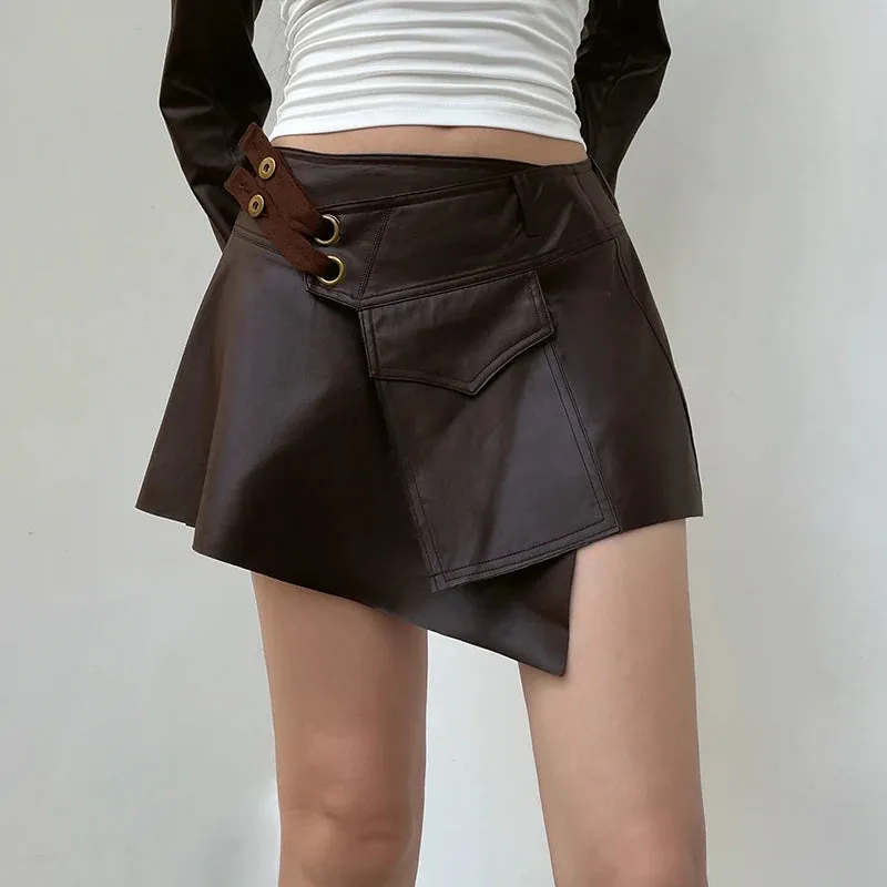 Asymmetrical Brown Wrap Summer Leather Skirt Women Streetwear Fashion Mini Party Skirts Low Rise Button Retro Outfits