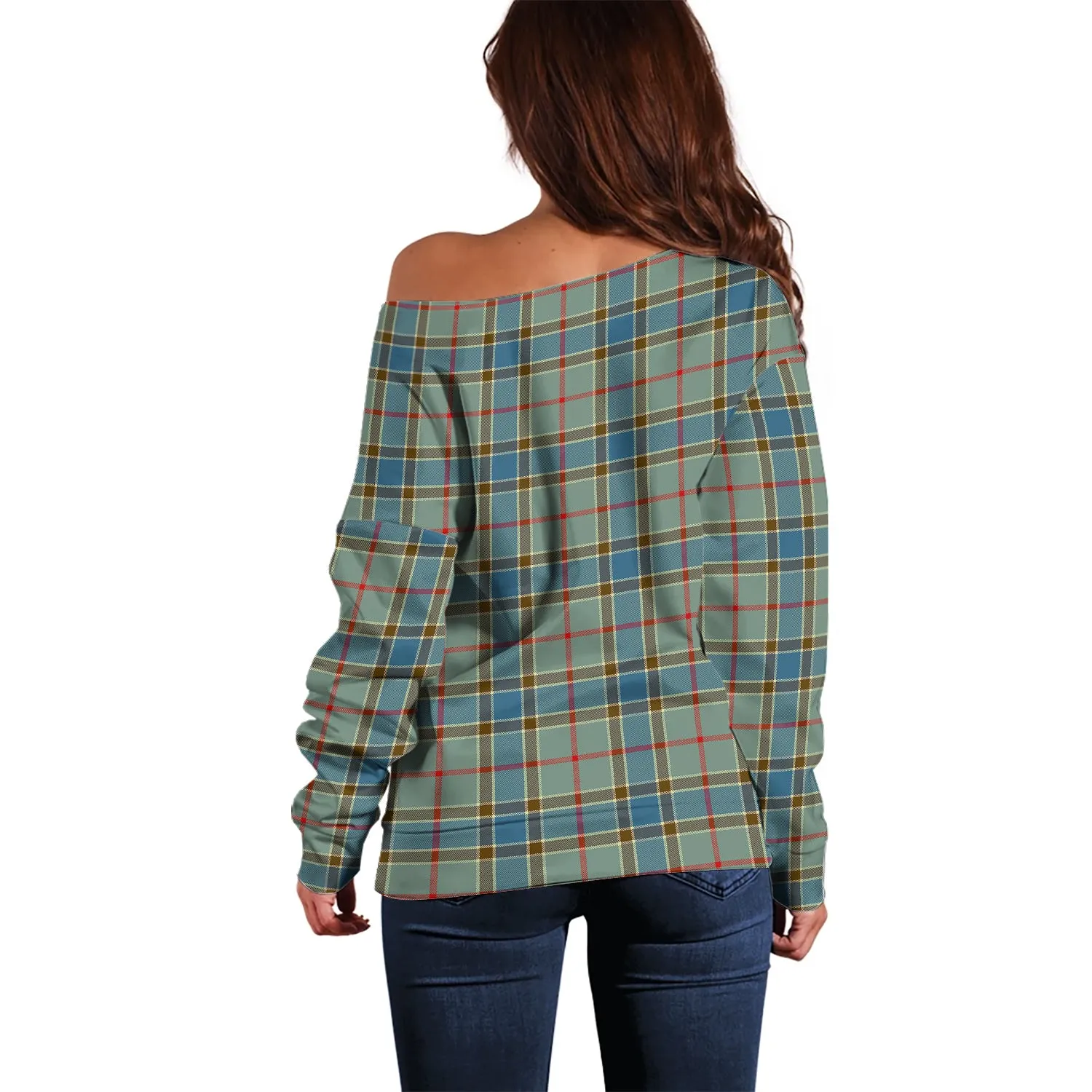 Balfour Blue Tartan Off Shoulder Women Sweater