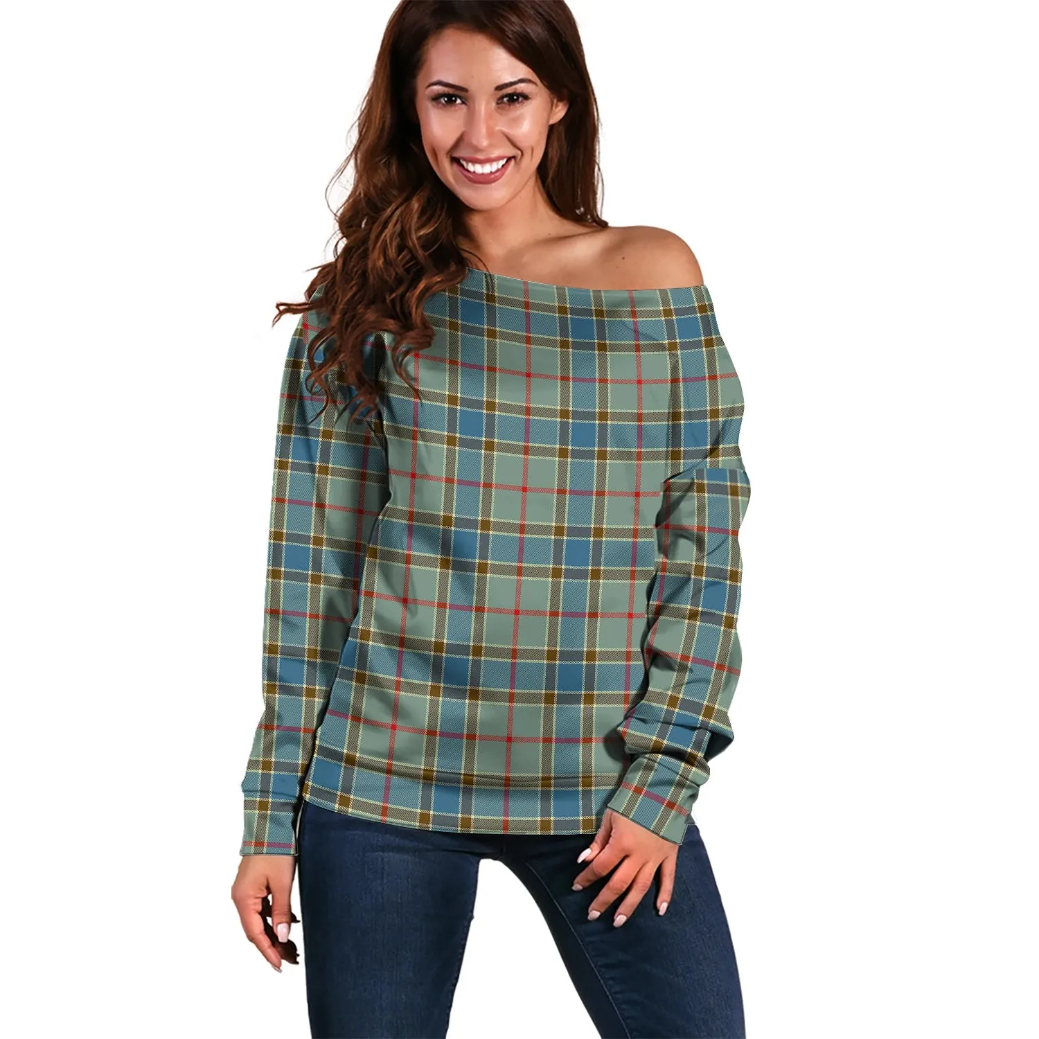 Balfour Blue Tartan Off Shoulder Women Sweater