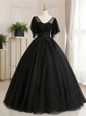 Ball Gown Luxurious Floral Quinceanera Prom Dress Scoop Neck Short Sleeve Floor Length Tulle With Pleats Embroidery