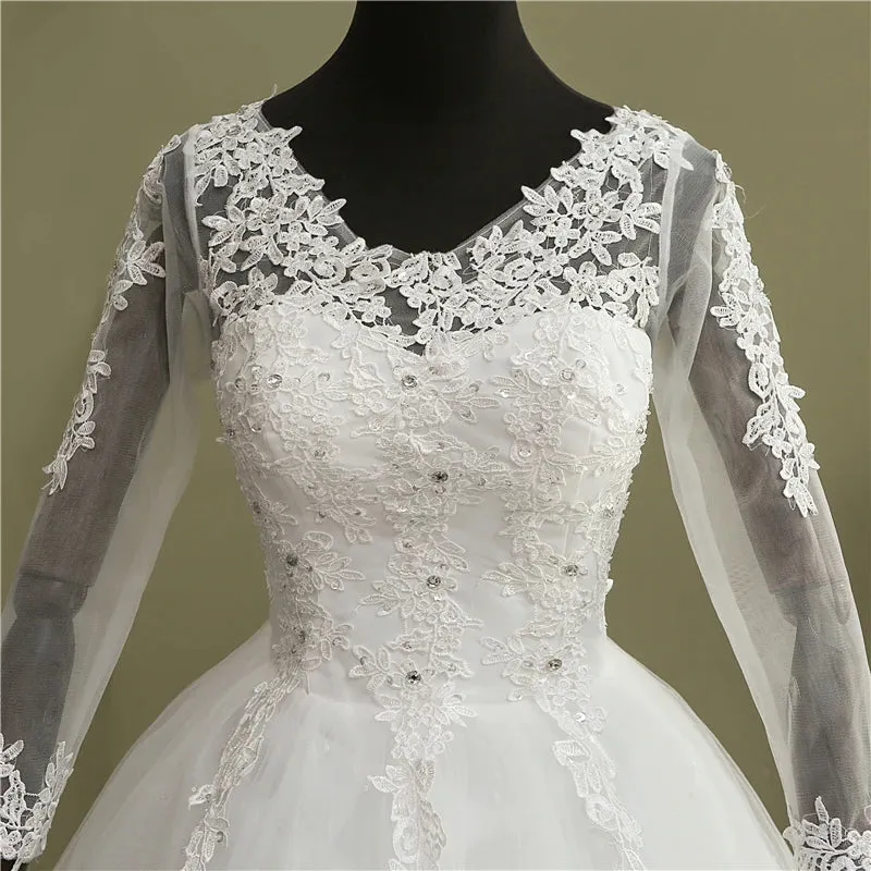 Ball Gown V Neck Lace Wedding Dress with Long Sleeves Vintage Bridal Gown