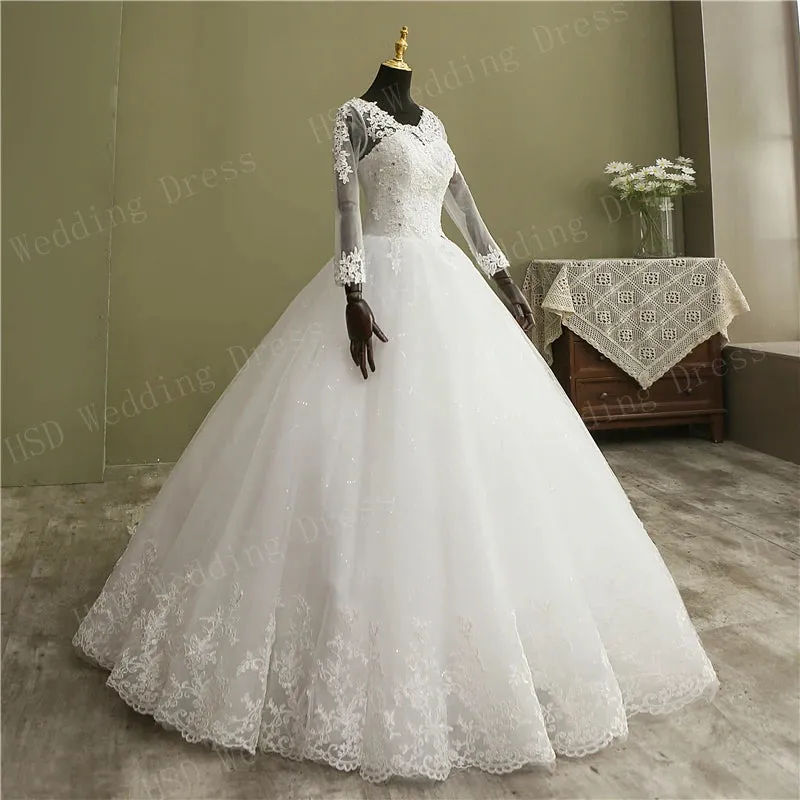 Ball Gown V Neck Lace Wedding Dress with Long Sleeves Vintage Bridal Gown