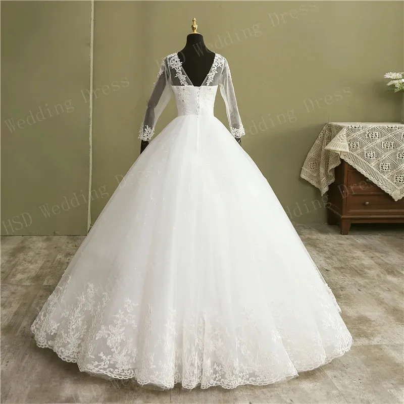 Ball Gown V Neck Lace Wedding Dress with Long Sleeves Vintage Bridal Gown