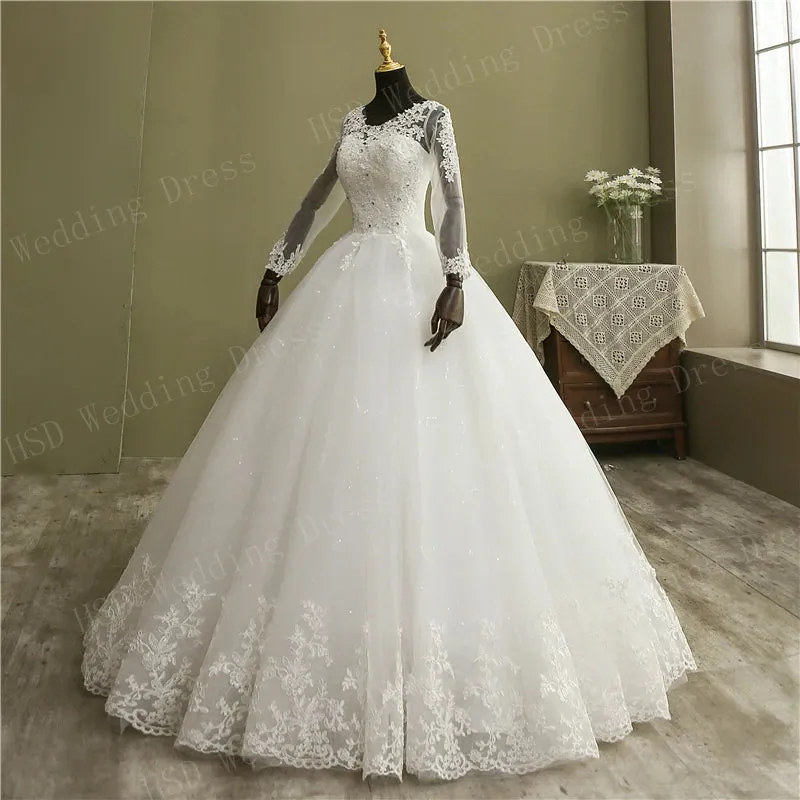 Ball Gown V Neck Lace Wedding Dress with Long Sleeves Vintage Bridal Gown