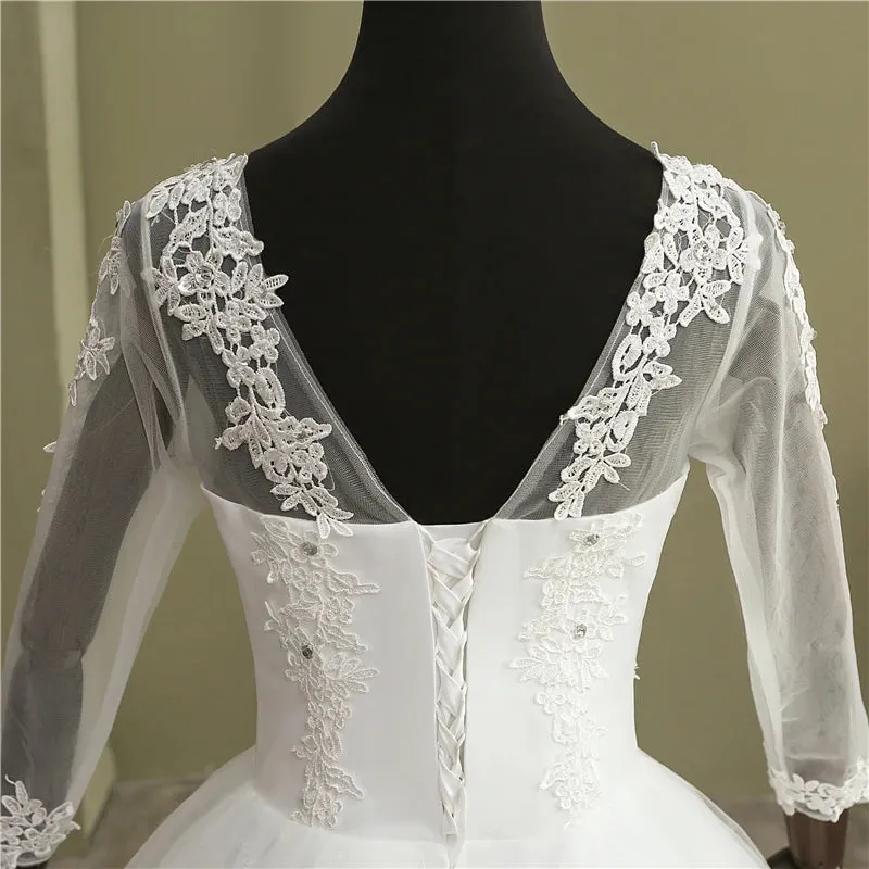 Ball Gown V Neck Lace Wedding Dress with Long Sleeves Vintage Bridal Gown