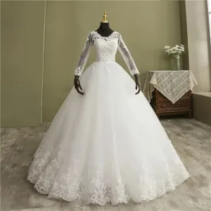 Ball Gown V Neck Lace Wedding Dress with Long Sleeves Vintage Bridal Gown