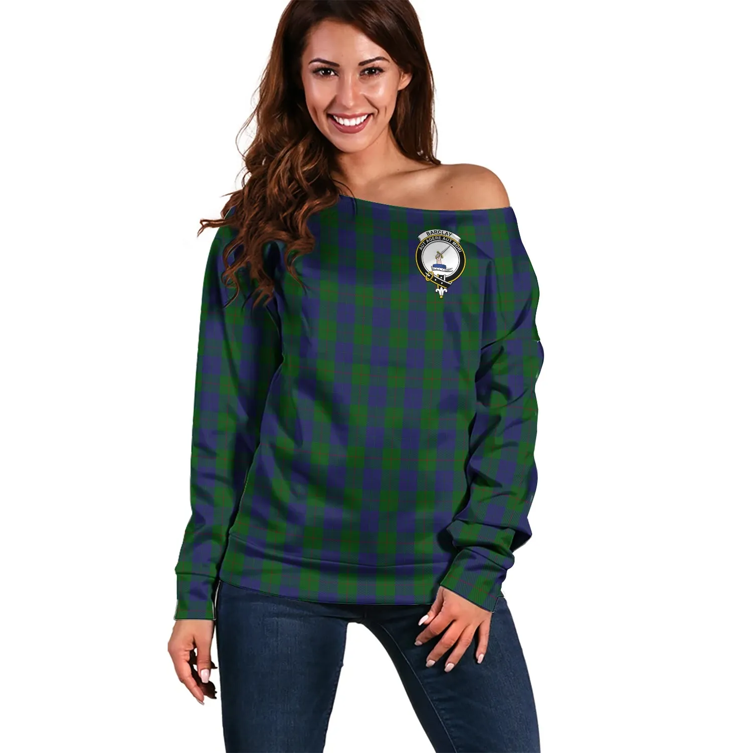 Barclay Tartan Off Shoulder Women Sweater with Family Crest