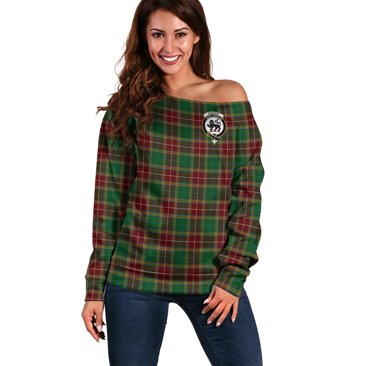 Baxter Tartan Off Shoulder Women Sweater with Family Crest