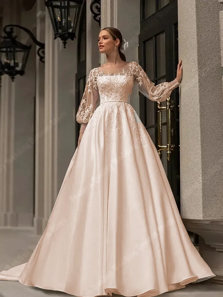 Beautifully Detailed Vintage Bridal Gown with Long Lace Sleeves and Shiny Gauze Fabric