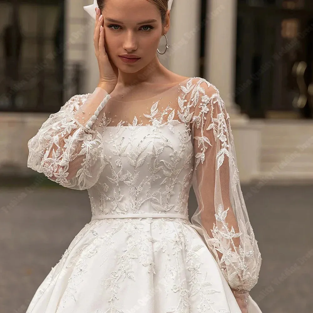 Beautifully Detailed Vintage Bridal Gown with Long Lace Sleeves and Shiny Gauze Fabric