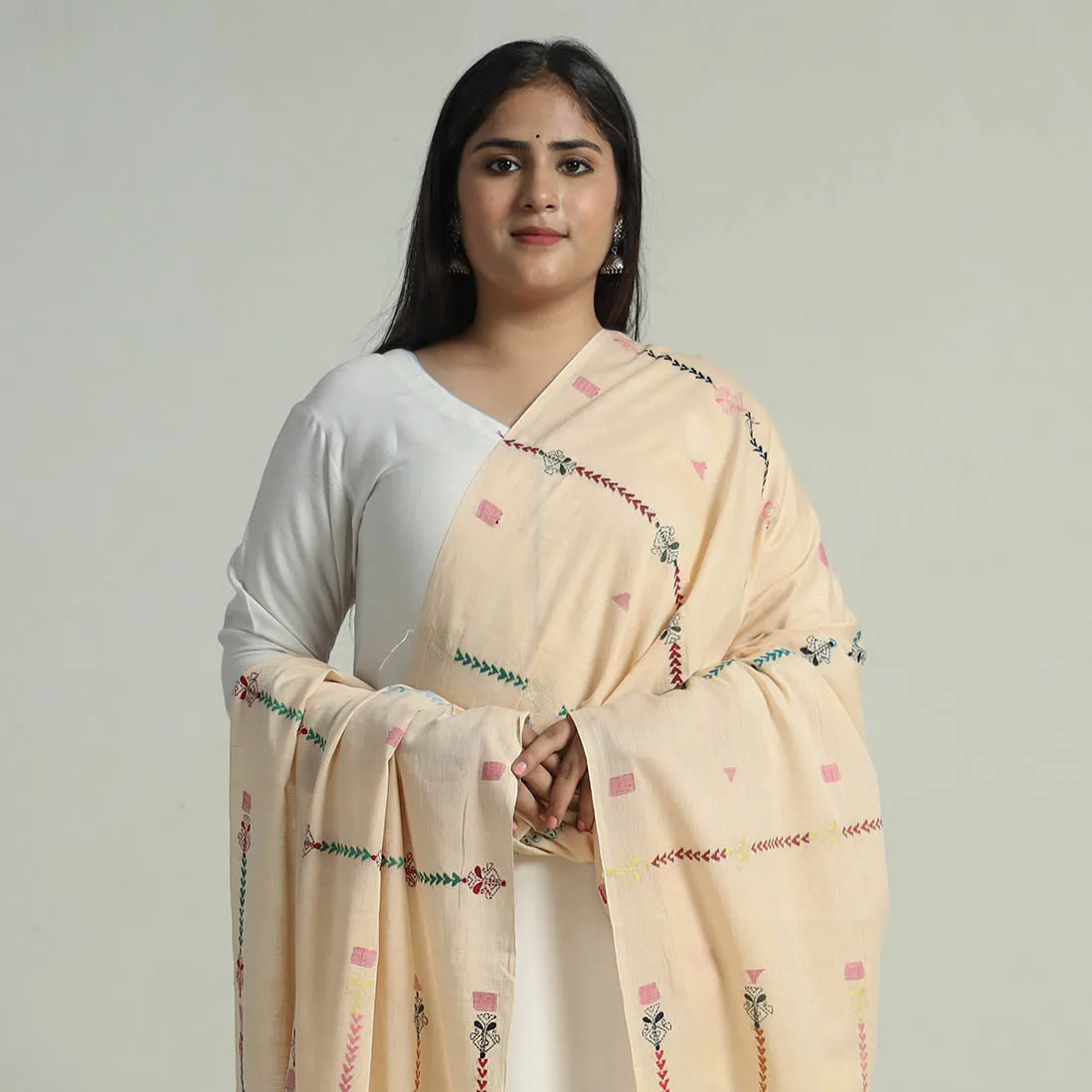 Beige - Bengal Kantha Embroidery Silk Cotton Dupatta 02