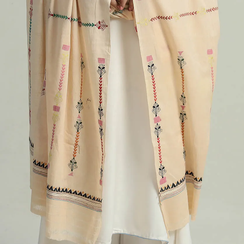 Beige - Bengal Kantha Embroidery Silk Cotton Dupatta 02