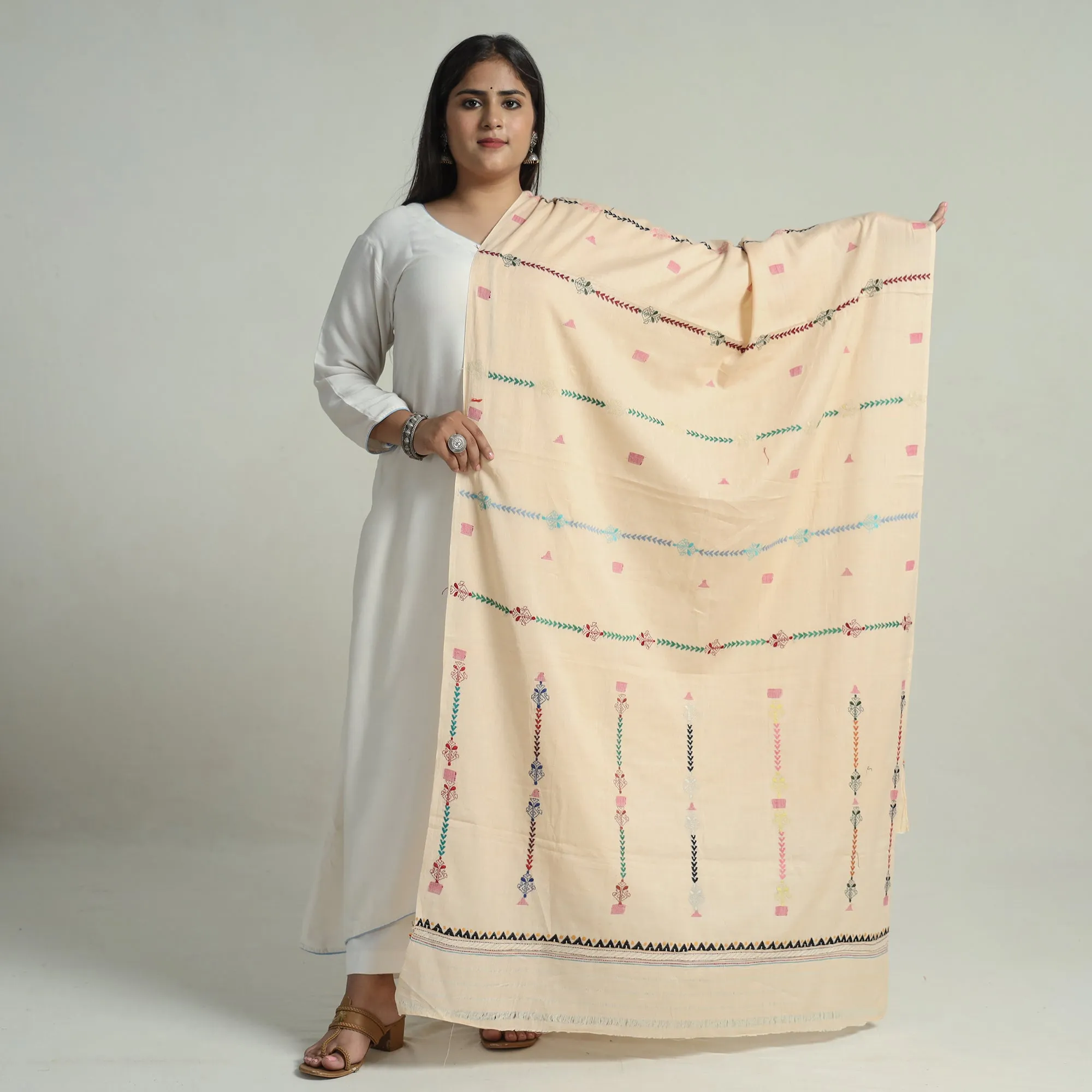 Beige - Bengal Kantha Embroidery Silk Cotton Dupatta 02