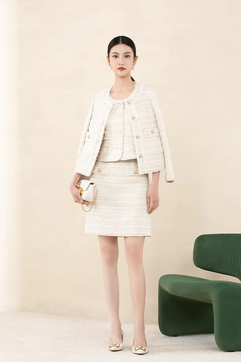 Beige High Waist Tweed Short Skirt