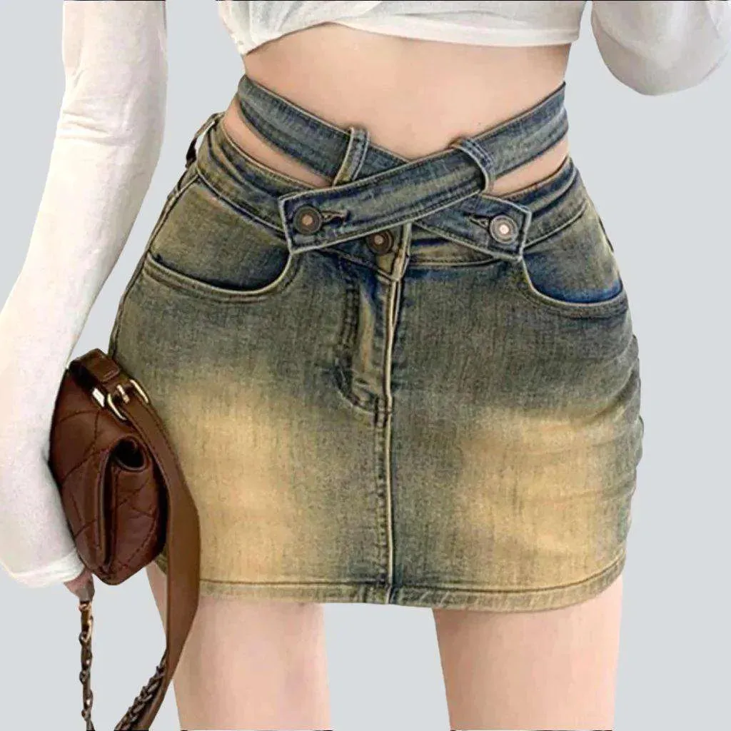 Belt waistband mini denim skirt