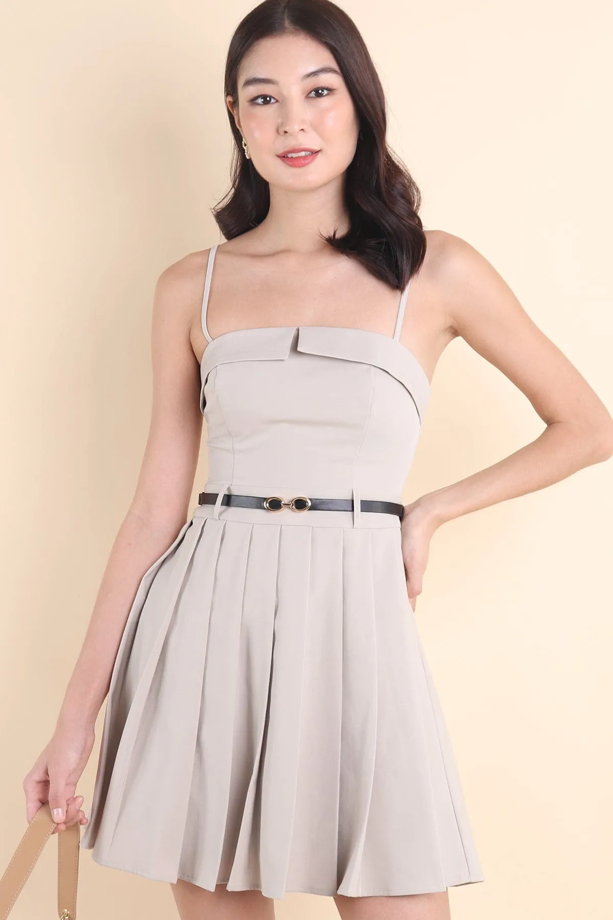 BERT PLEATED CAMI DRESS IN KHAKI