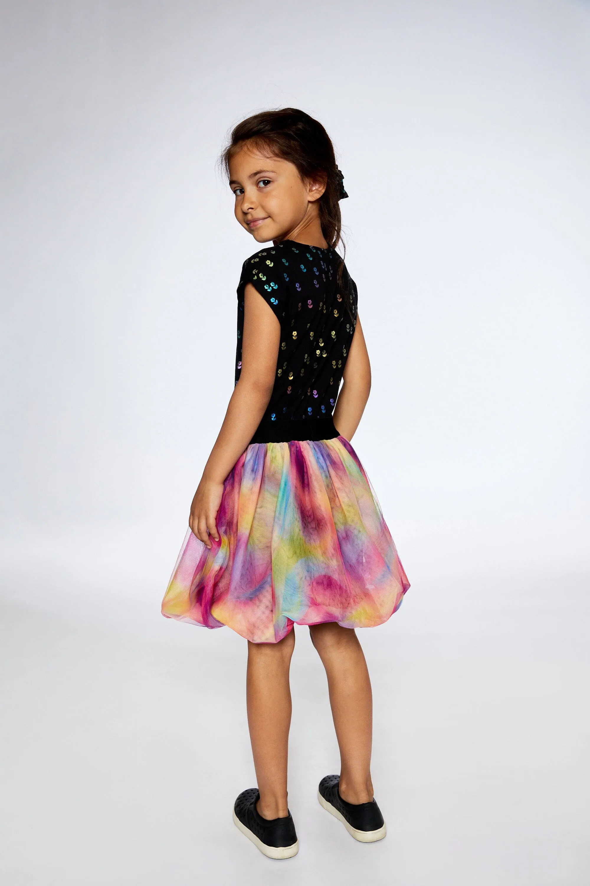 Bi-material Dress With Rainbow Mesh Bubble Skirt