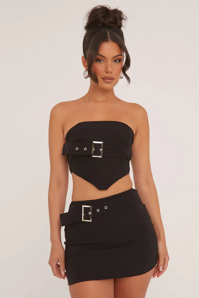 Black Bandeau Belt Detail Cropped Top & Mini Skirt Co-ord Set - Sharleen