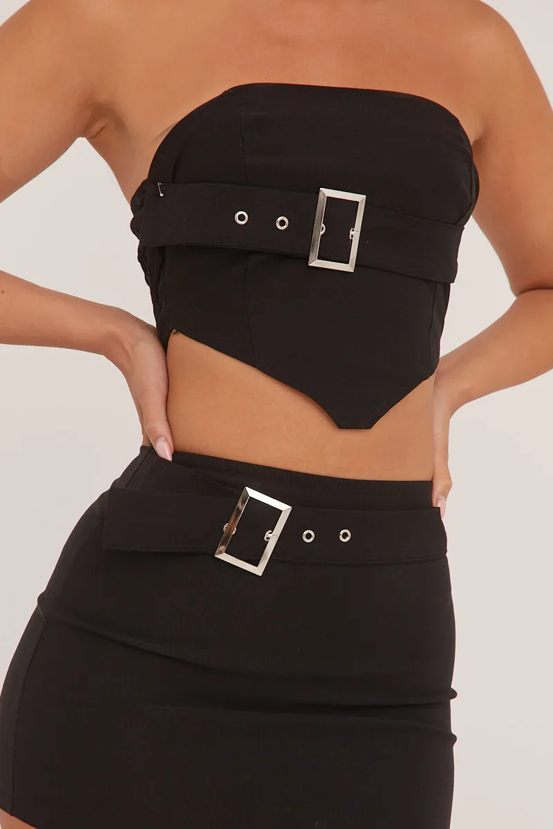 Black Bandeau Belt Detail Cropped Top & Mini Skirt Co-ord Set - Sharleen