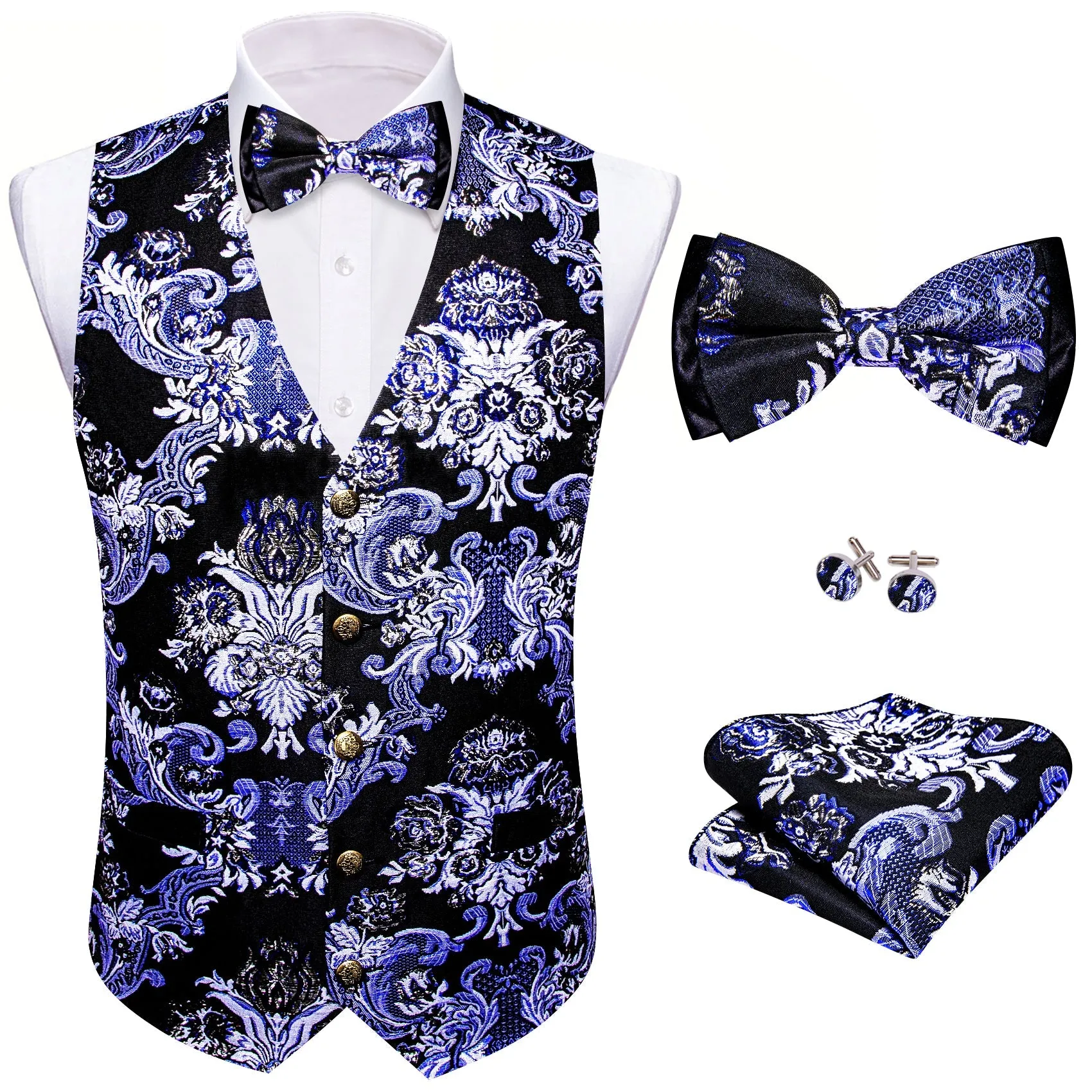 Black Blue Floral Silk Men's Vest Bow Tie Set Waistcoat Suit Set