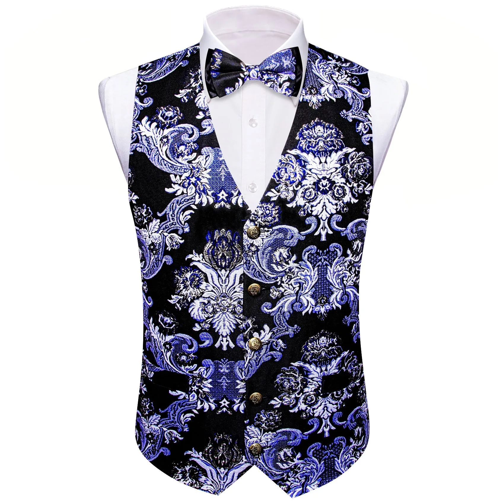 Black Blue Floral Silk Men's Vest Bow Tie Set Waistcoat Suit Set