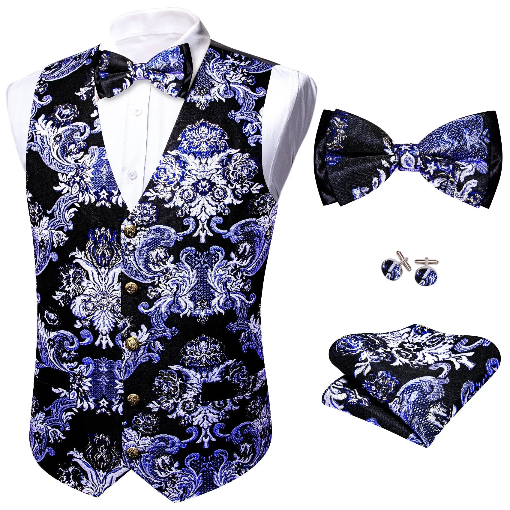 Black Blue Floral Silk Men's Vest Bow Tie Set Waistcoat Suit Set