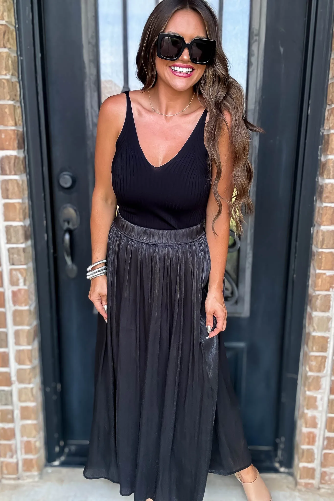 Black Crinkle-Plisse Silky Maxi Skirt