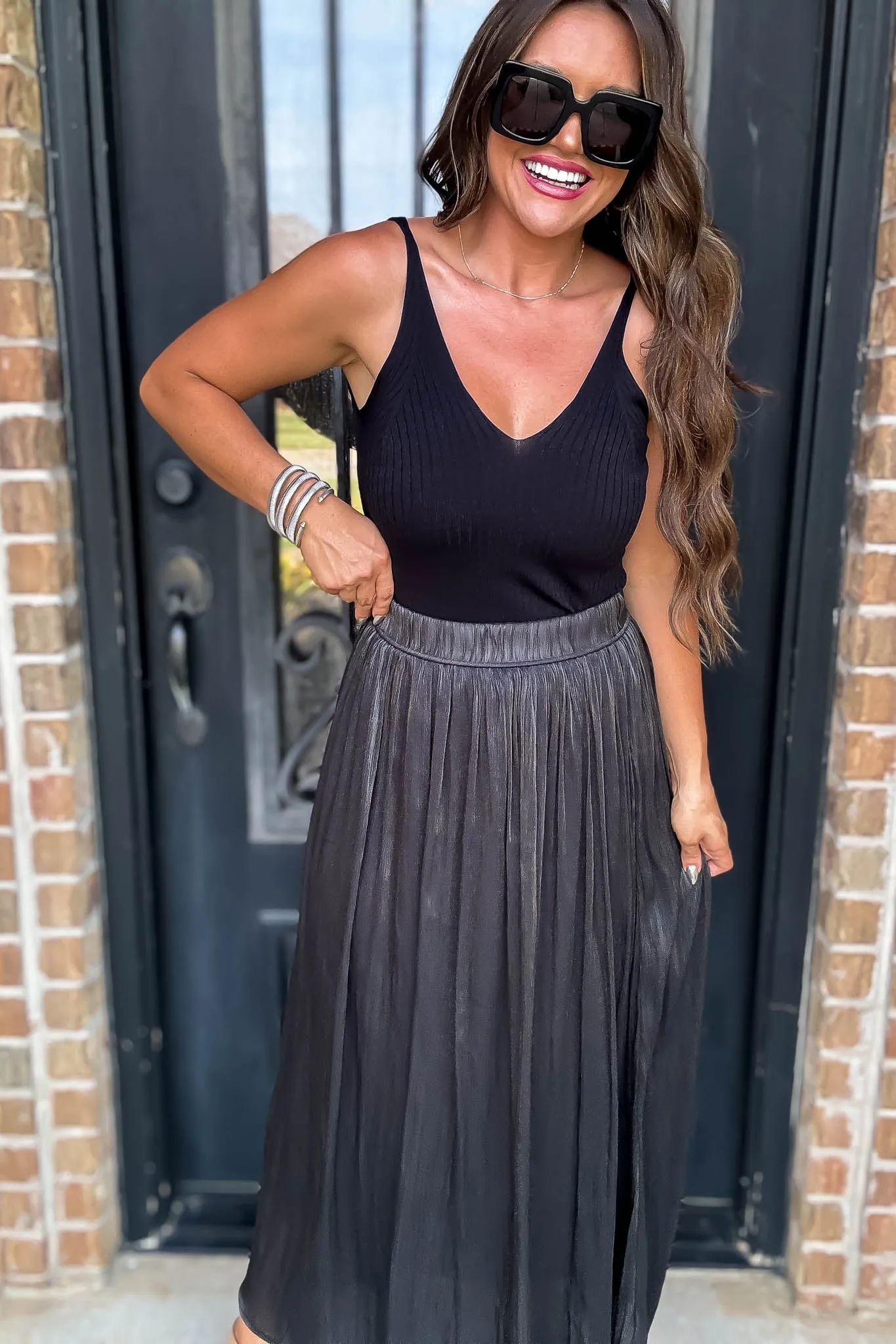 Black Crinkle-Plisse Silky Maxi Skirt