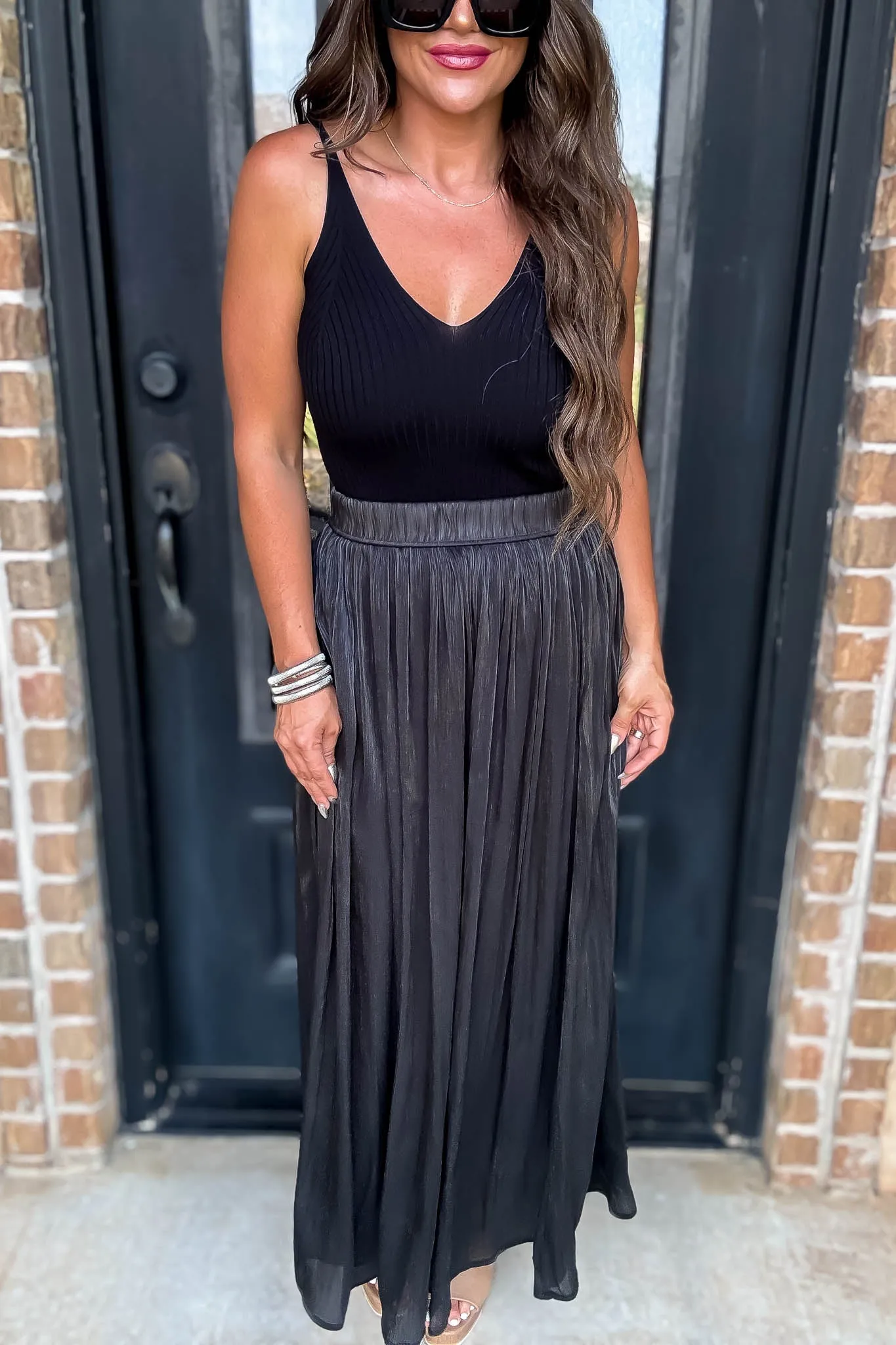 Black Crinkle-Plisse Silky Maxi Skirt