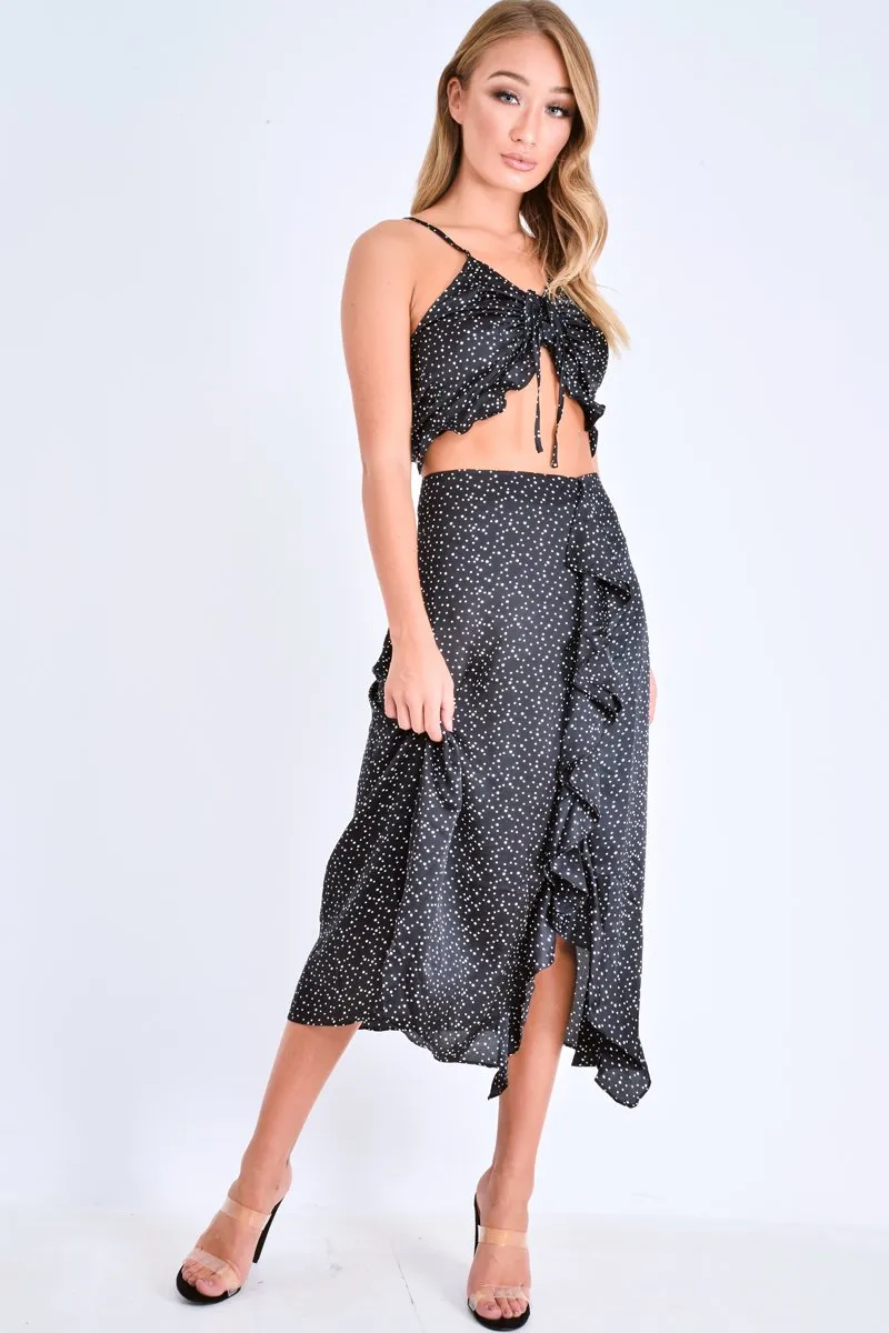 Black Polka Dot Cami Frill Crop Top And Frill Midi Skirt - Jannie