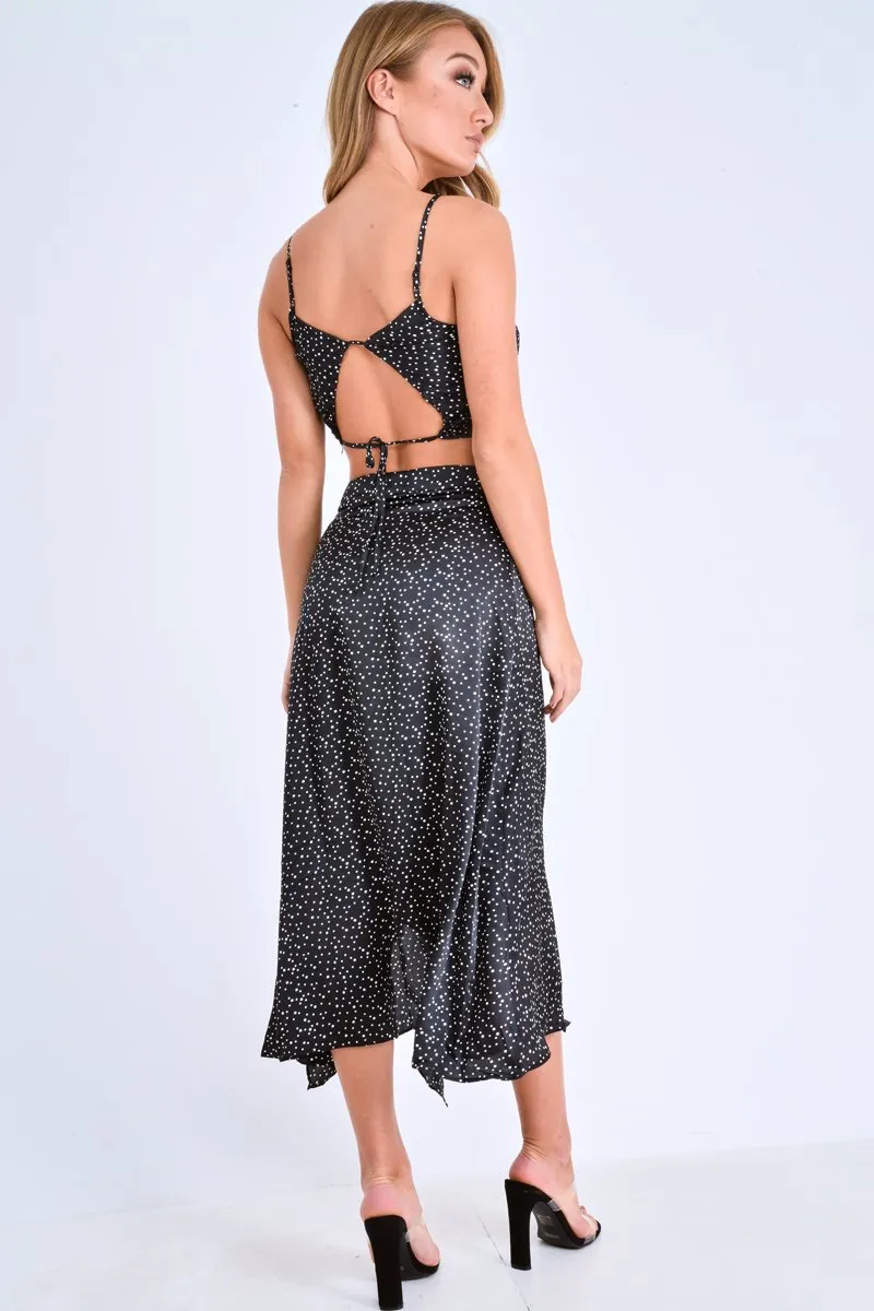 Black Polka Dot Cami Frill Crop Top And Frill Midi Skirt - Jannie