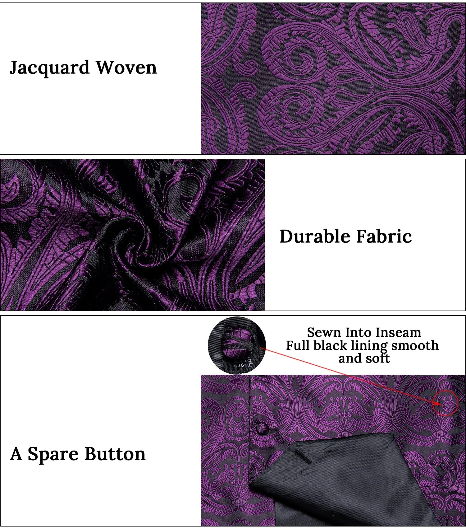 Black Purple Paisley Jacquard Silk Men's Vest Hanky Cufflinks Tie Set