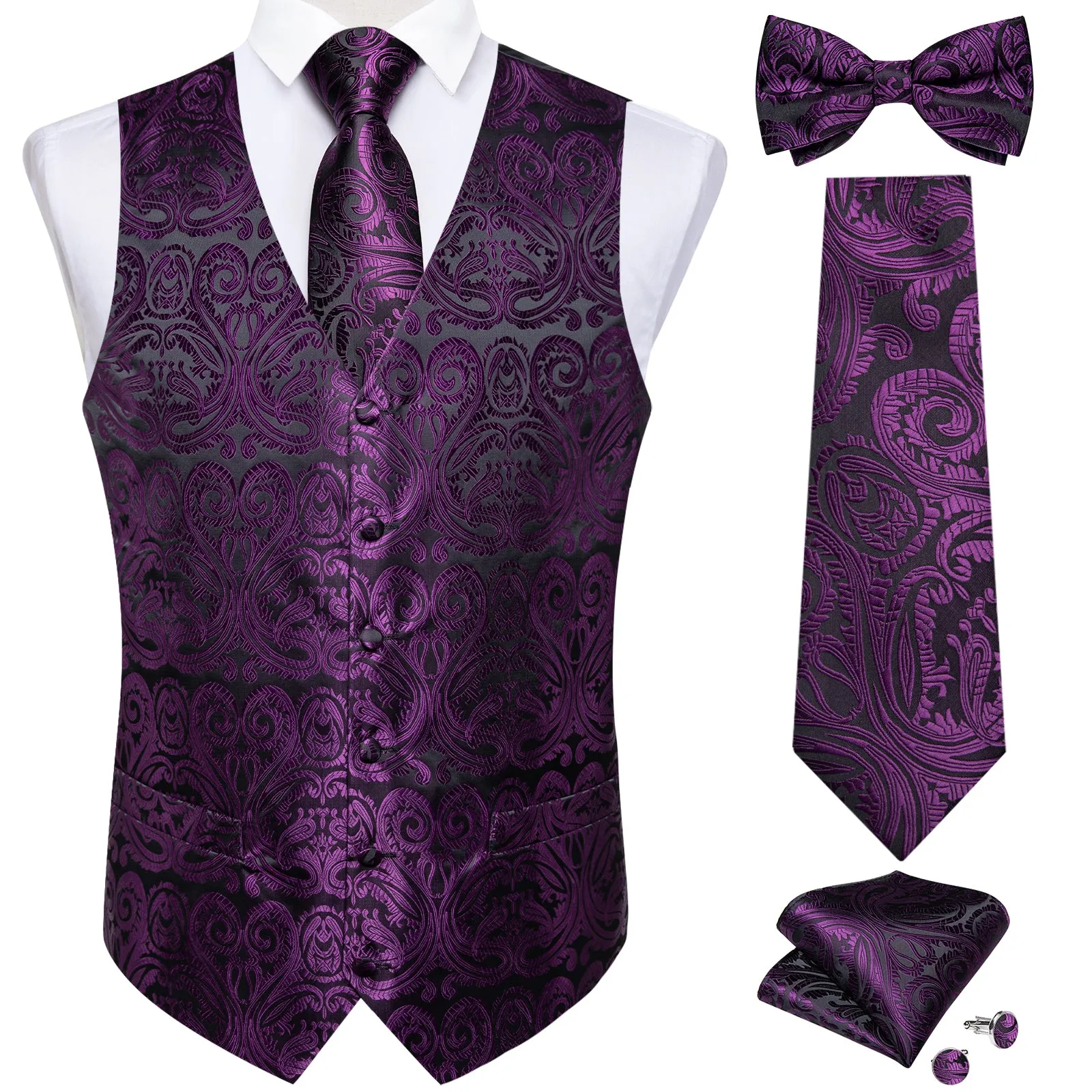 Black Purple Paisley Jacquard Silk Men's Vest Hanky Cufflinks Tie Set