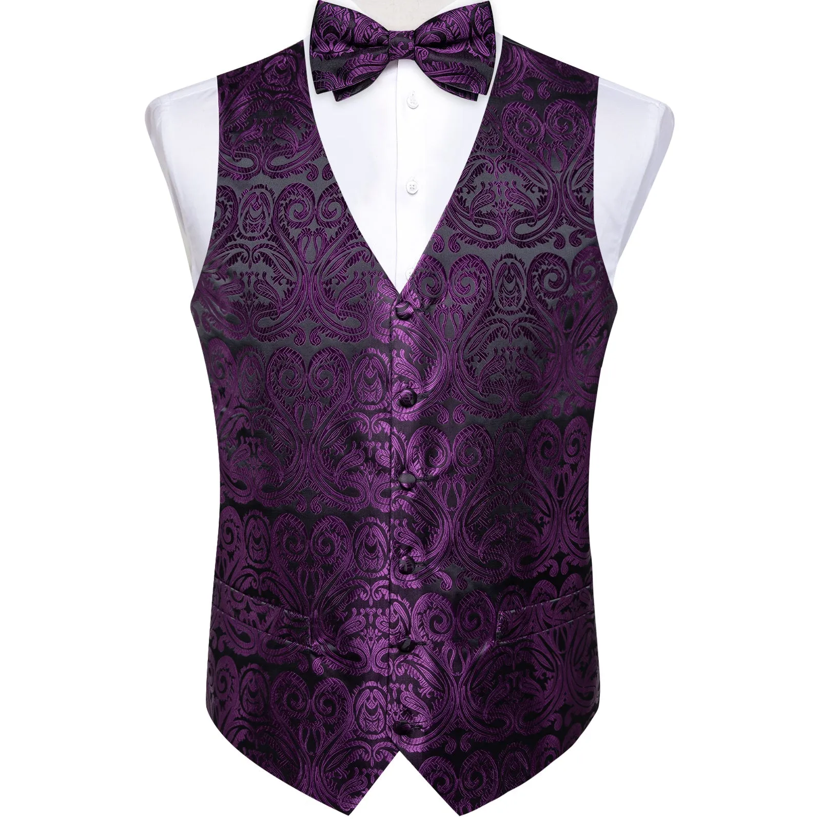 Black Purple Paisley Jacquard Silk Men's Vest Hanky Cufflinks Tie Set